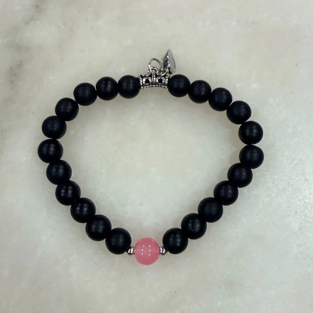 Pink & Black Beaded Heart Charm Couples Bracelet Set